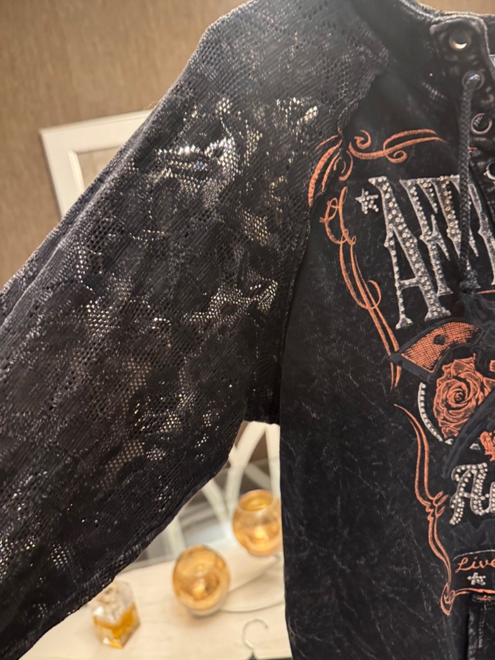 Affliction Black Lace-Up Skull & Rose Graphic Top with Orange Accents - Picture 3 of 6